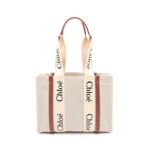 Chloe WOODY Tote Bag Canvas Leather Beige Tan Brown